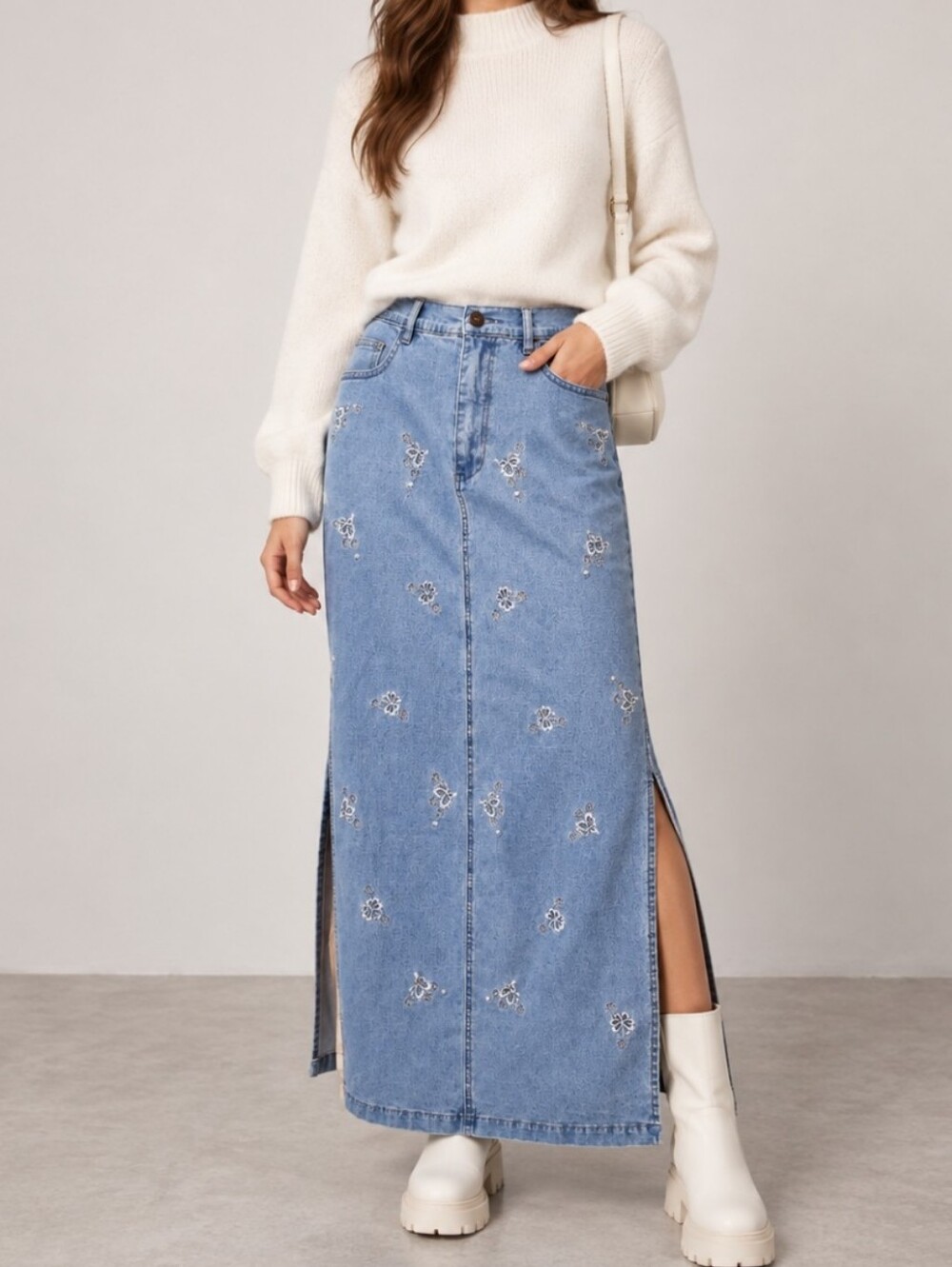 Y2K Vintage Lafei Nier Embroidered Denim Maxi Skirt Side Slit Boho Medium